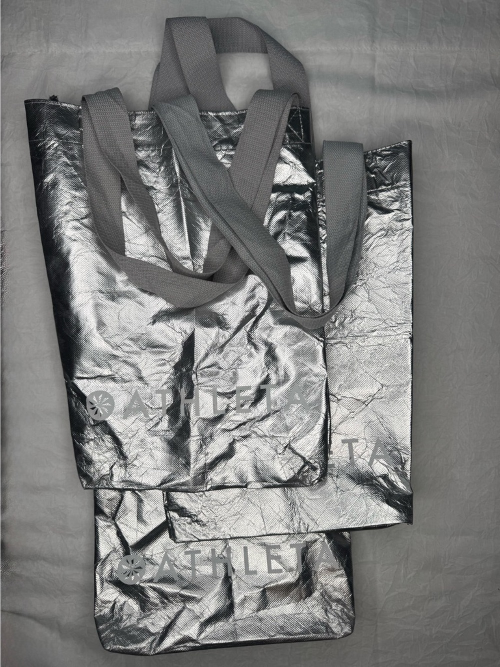 Athleta Metallic Silver Tote with Gray Straps